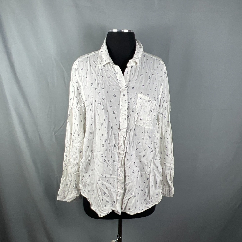 Beach Lunch Lounge Shirt Womens XL White Black Heart Print Long Sleeve Button Up